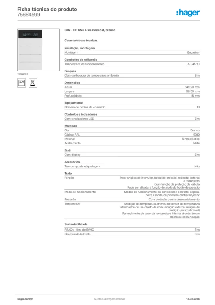 Imagem Hager Ficha técnica do produto 75664599 | Hager Portugal