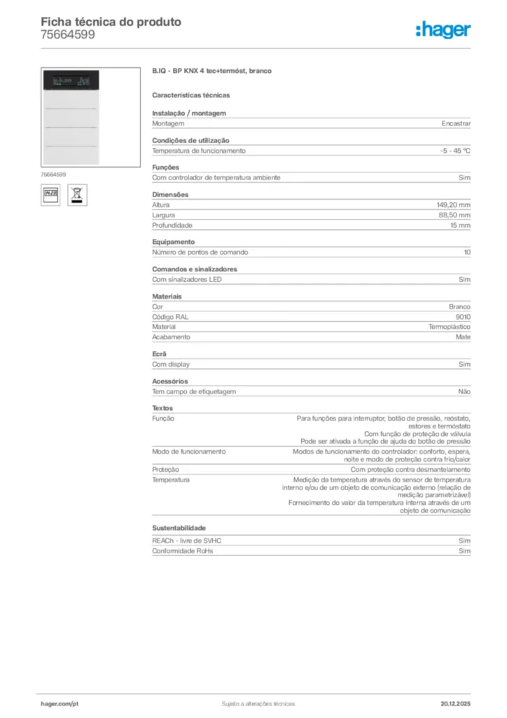 Imagem Hager Ficha técnica do produto 75664599 | Hager Portugal