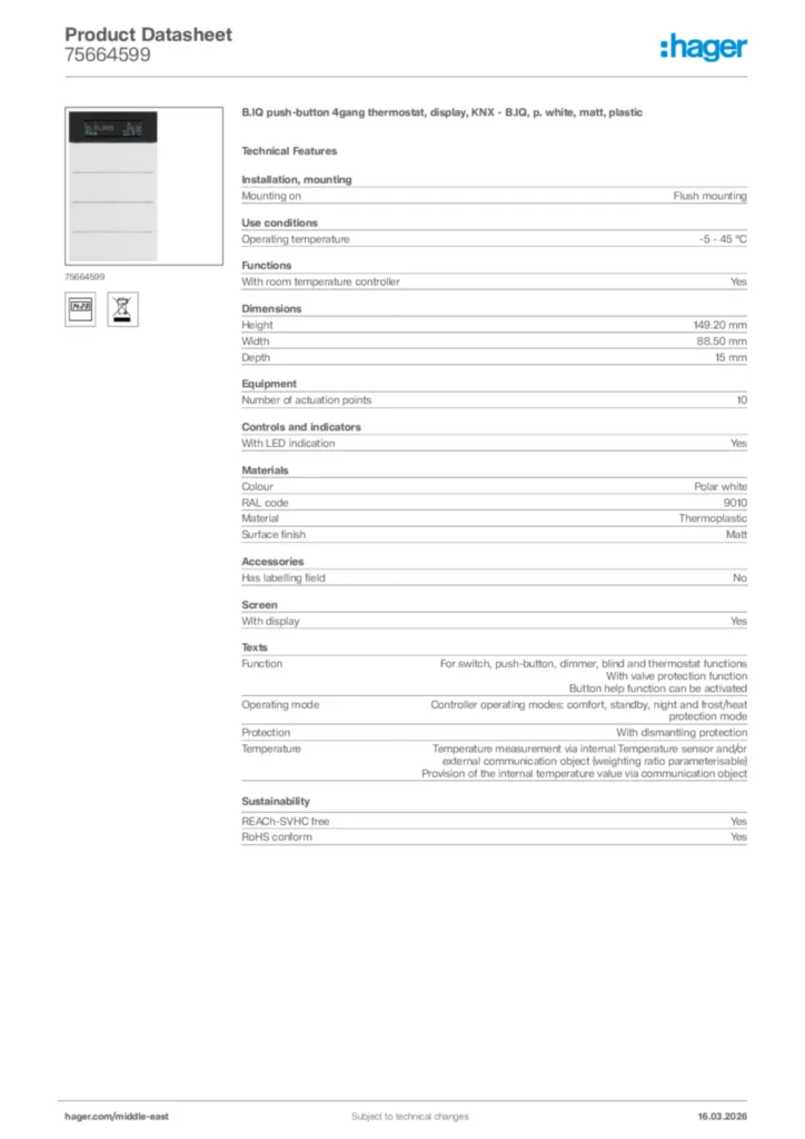 Image Hager Product data sheet 75664599  | Hager