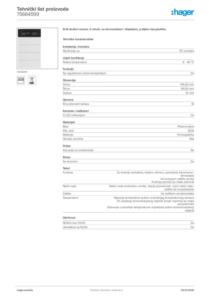 Slika Hager Tehnički list proizvoda 75664599  | Hager