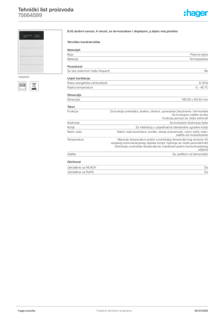 Slika Hager Product data sheet 75664599  | Hager