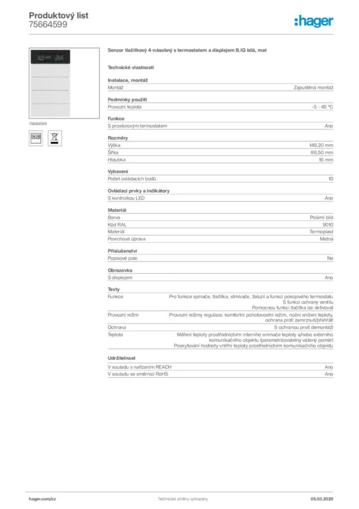 Obrázek Hager Product data sheet 75664599 | Hager