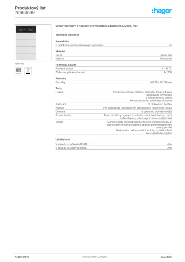 Obrázek Hager Produktový list 75664599 | Hager