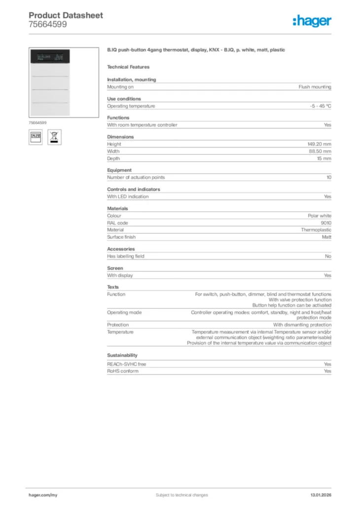 Image Hager Product data sheet 75664599  | Hager