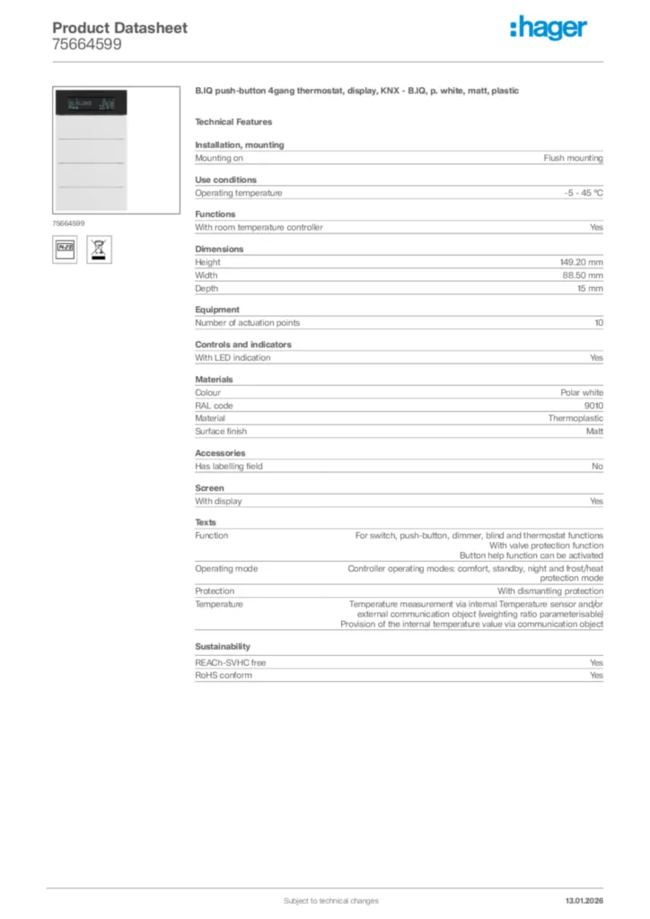 Image Hager Product data sheet 75664599  | Hager