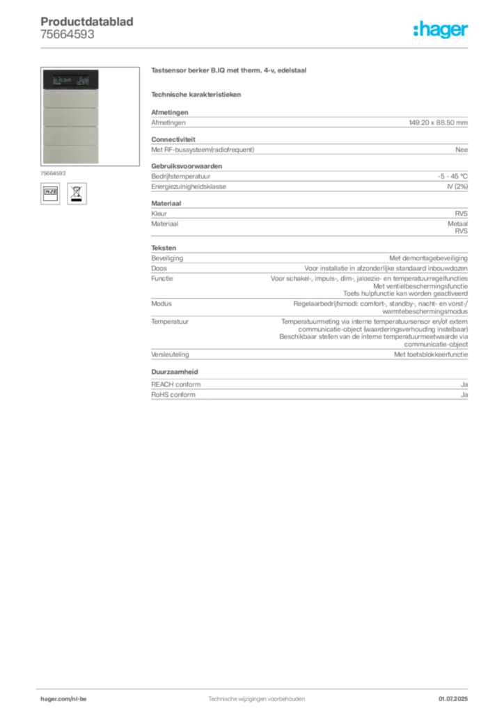Afbeelding Hager Productdatablad 75664593 | Hager Belgium