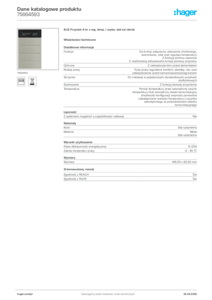 Zdjęcie Hager Dane katalogowe produktu 75664593 | Hager Polska
