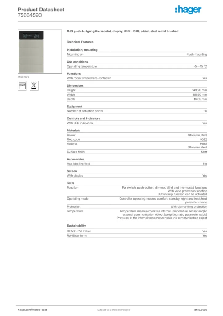 Image Hager Product data sheet 75664593  | Hager