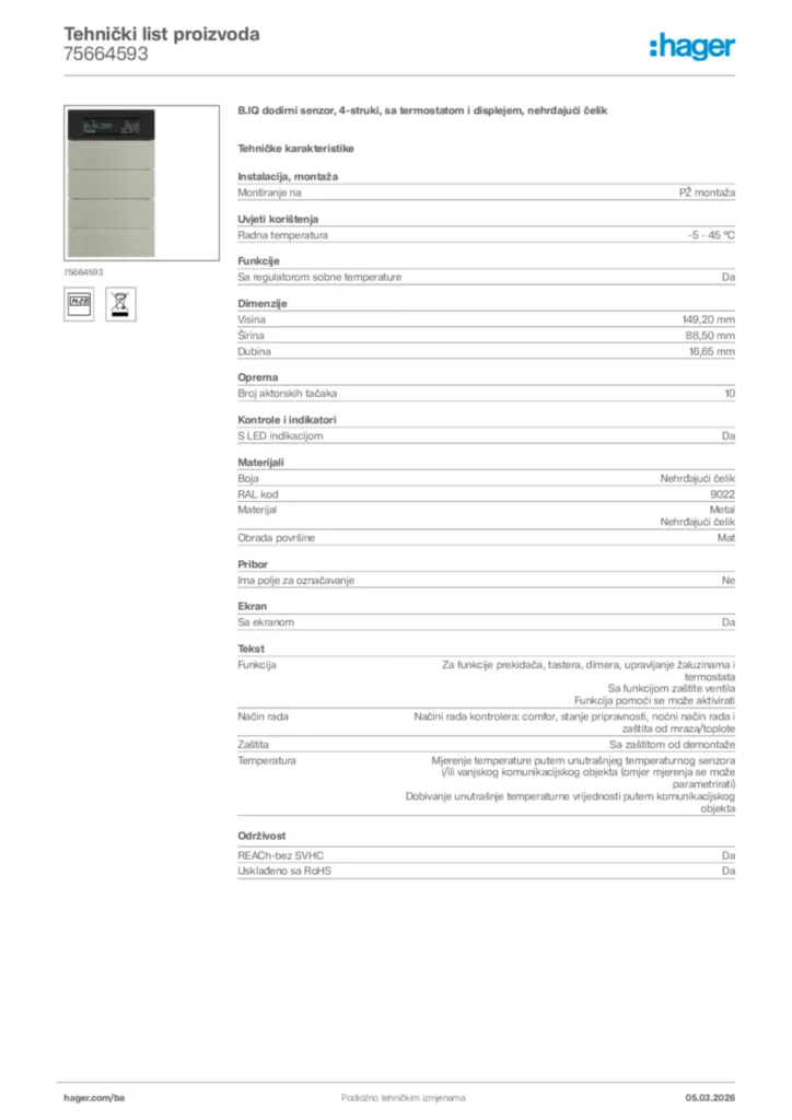 Slika Hager Tehnički list proizvoda 75664593  | Hager