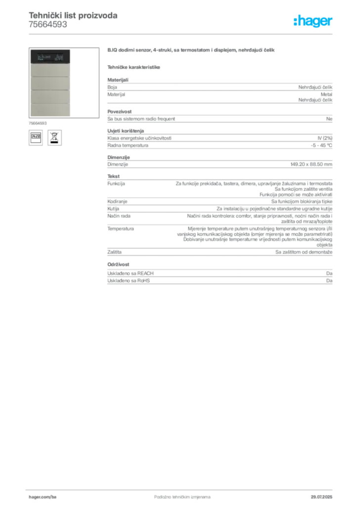 Slika Hager Product data sheet 75664593  | Hager