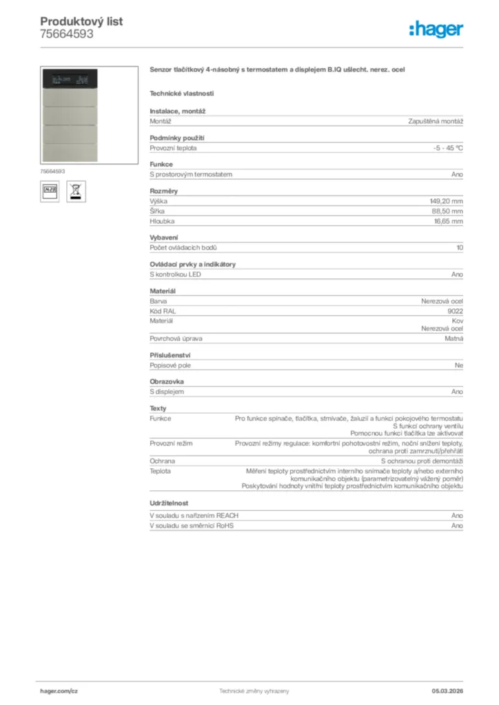 Obrázek Hager Product data sheet 75664593 | Hager