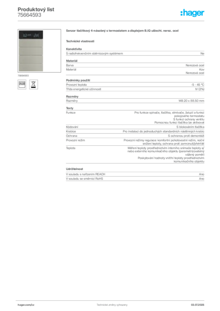 Obrázek Hager Produktový list 75664593 | Hager