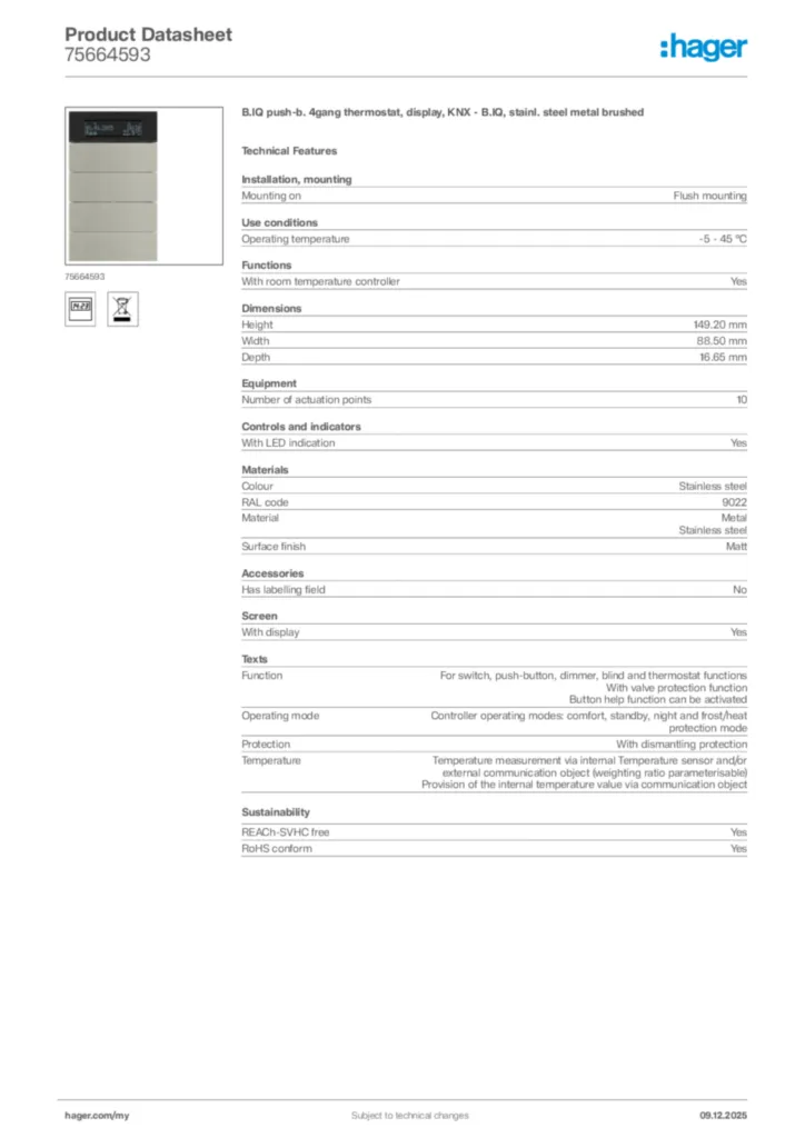 Image Hager Product data sheet 75664593  | Hager