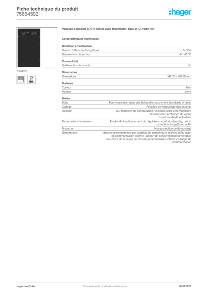 Image Hager Fiche technique du produit 75664592 | Hager Belgique