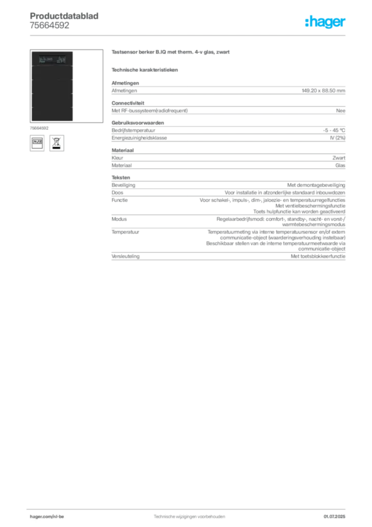 Afbeelding Hager Productdatablad 75664592 | Hager Belgium