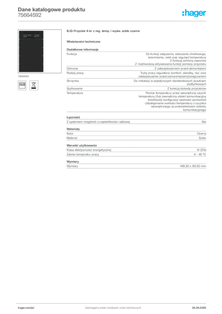 Zdjęcie Hager Dane katalogowe produktu 75664592 | Hager Polska