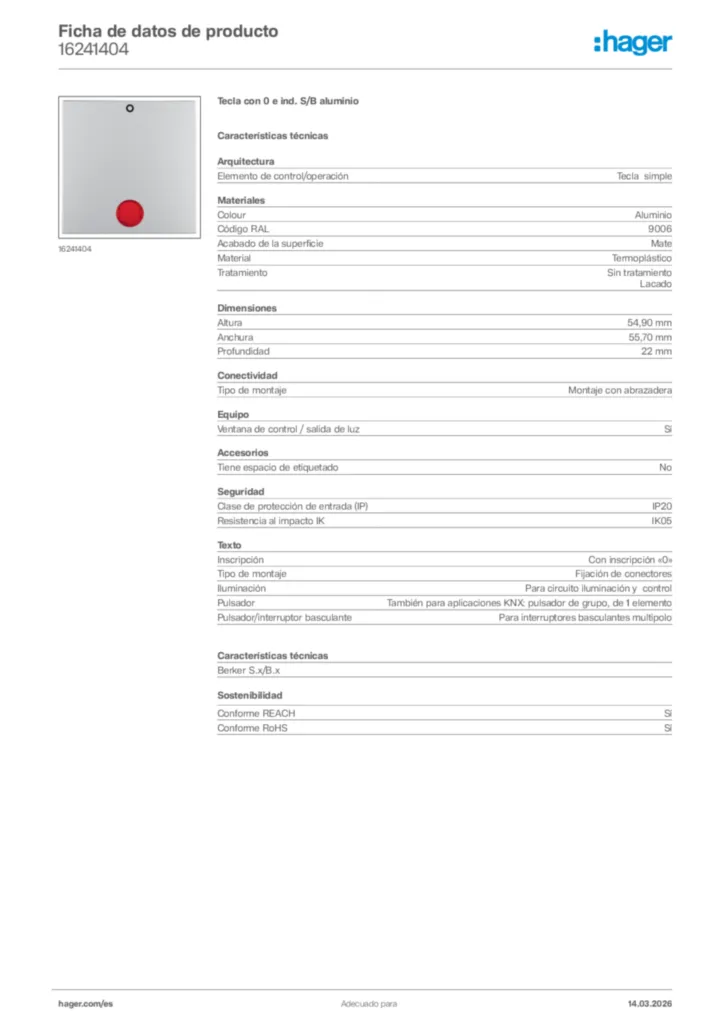 Imagen Hager Ficha de datos de producto 16241404 | Hager España