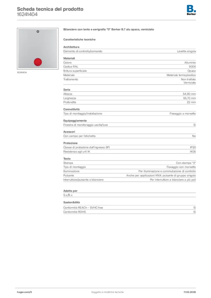 Immagine Berker Scheda tecnica del prodotto 16241404 | Hager Italia