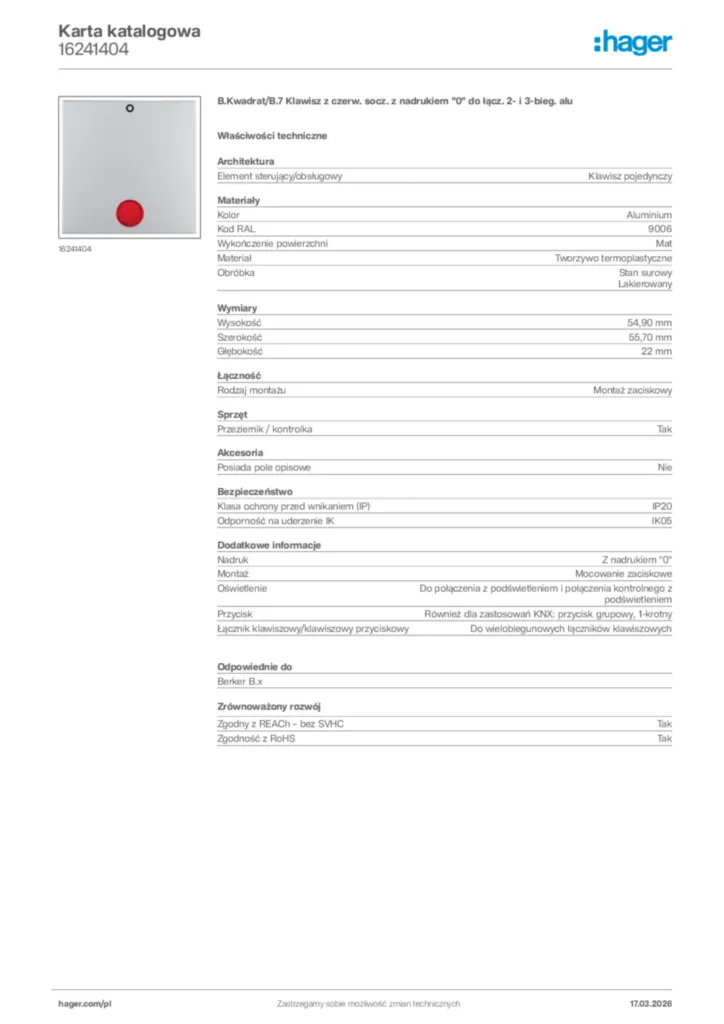Zdjęcie Hager Karta katalogowa 16241404 | Hager Polska