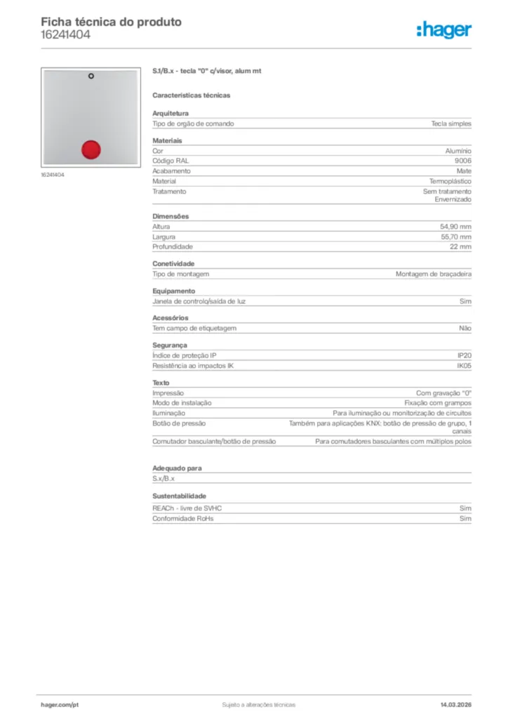 Imagem Hager Ficha técnica do produto 16241404 | Hager Portugal