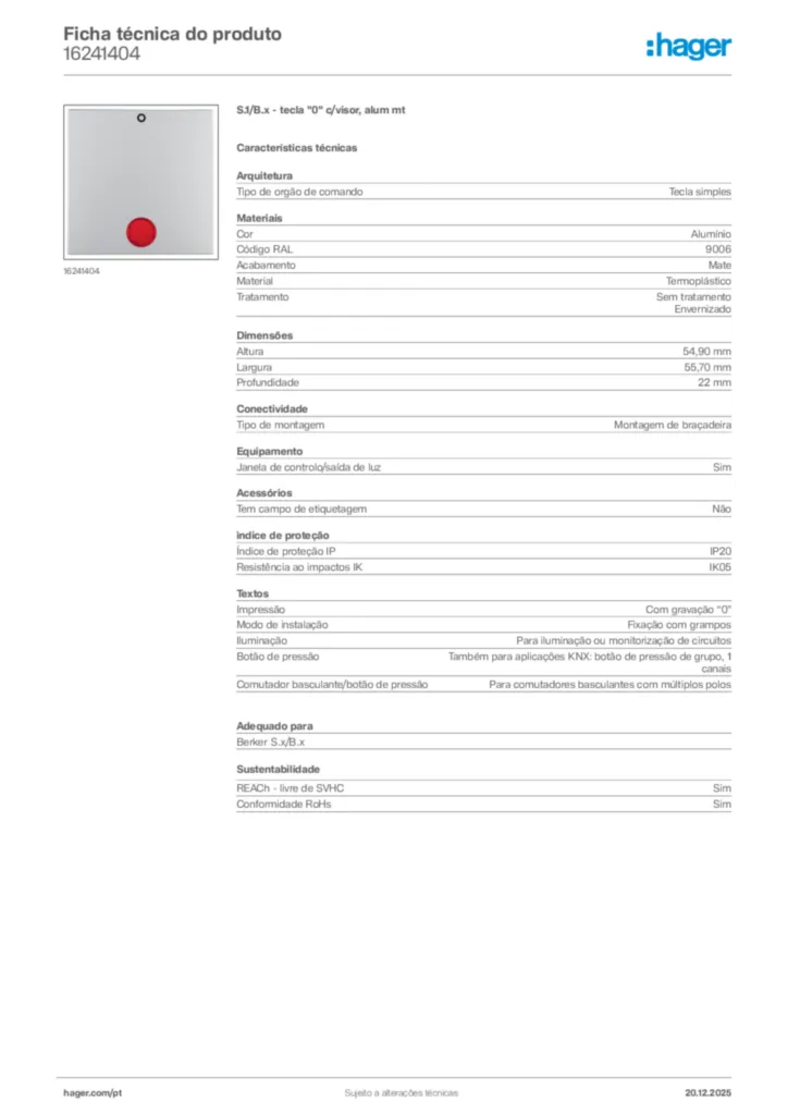 Imagem Hager Ficha técnica do produto 16241404 | Hager Portugal
