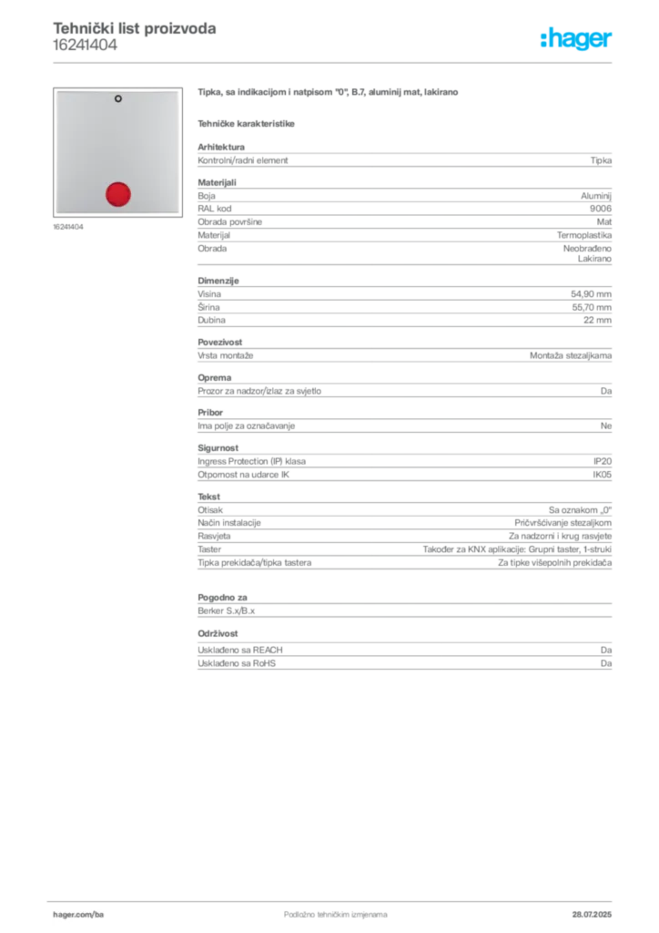Slika Hager Product data sheet 16241404  | Hager