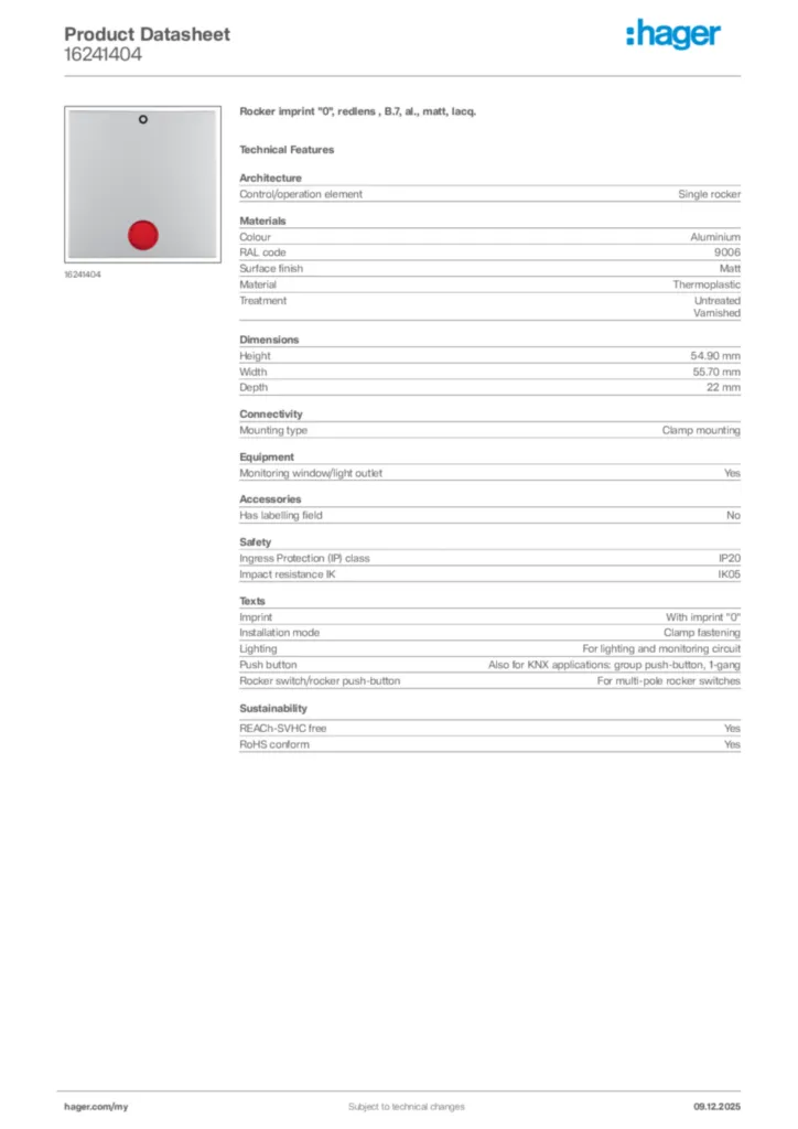 Image Hager Product data sheet 16241404  | Hager