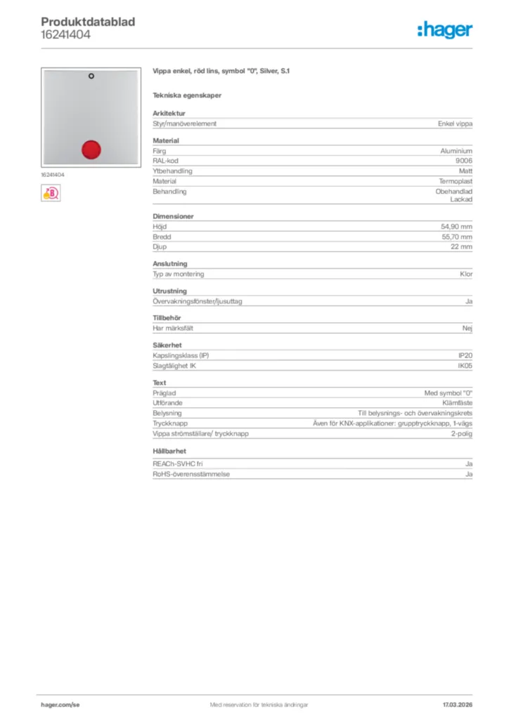 Bild Hager Produktdatablad 16241404 | Hager Sverige