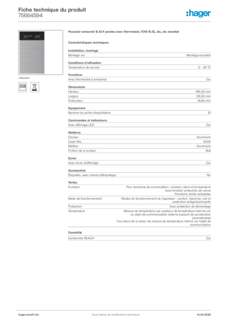 Image Hager Fiche technique du produit 75664594 | Hager Belgique