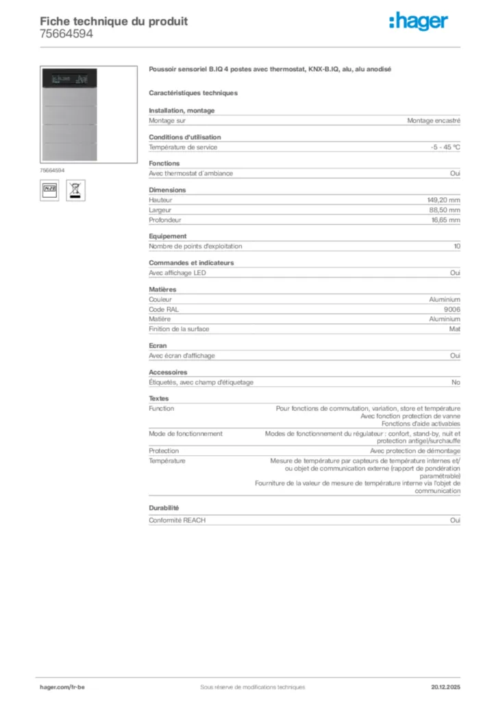 Image Hager Fiche technique du produit 75664594 | Hager Belgique