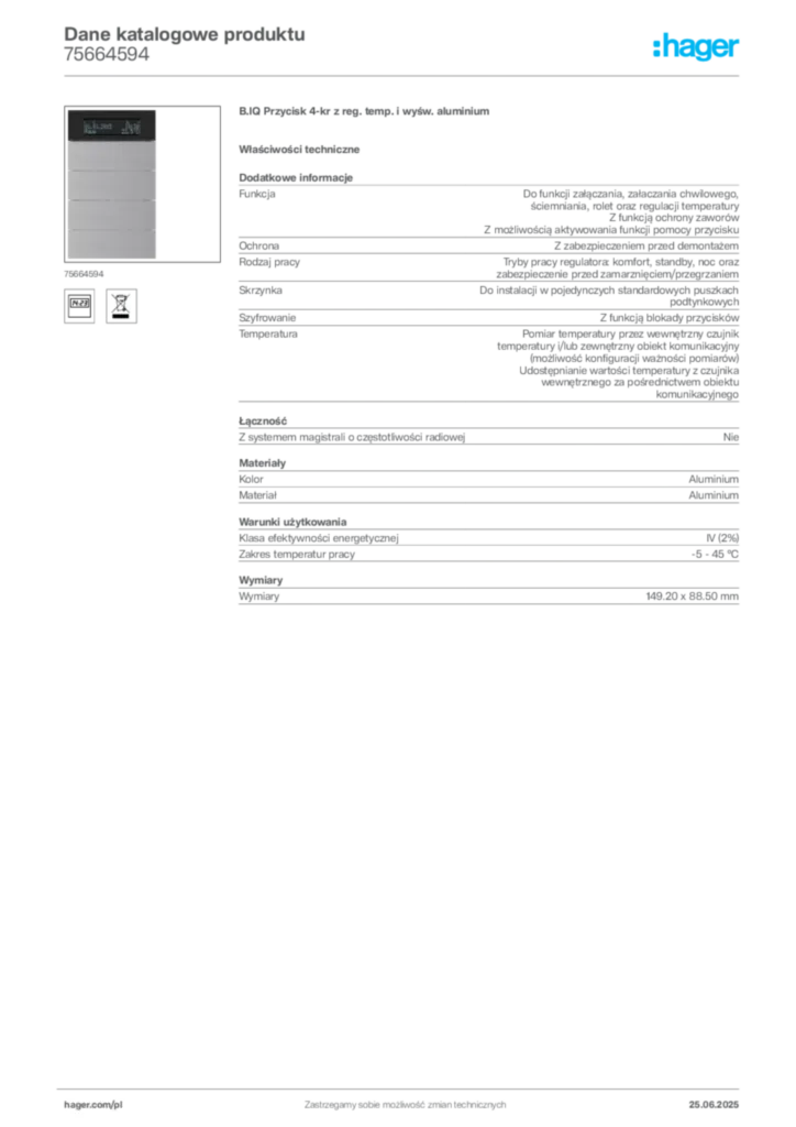 Zdjęcie Hager Dane katalogowe produktu 75664594 | Hager Polska