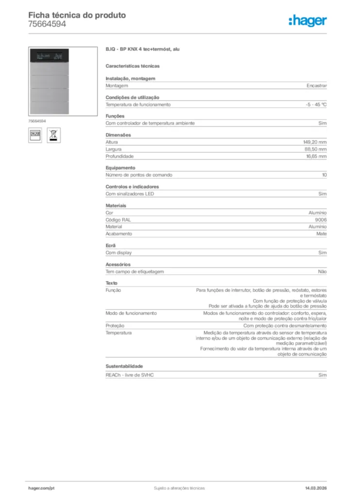 Imagem Hager Ficha técnica do produto 75664594 | Hager Portugal