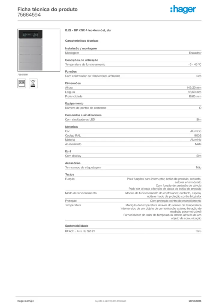 Imagem Hager Ficha técnica do produto 75664594 | Hager Portugal