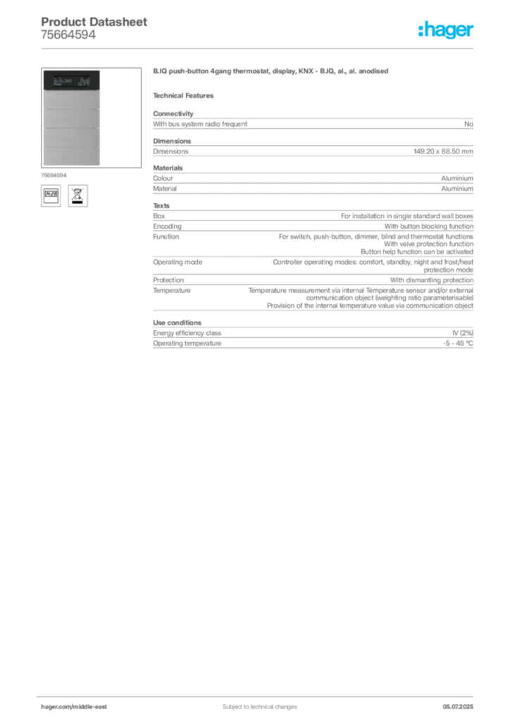 Image Hager Product data sheet 75664594  | Hager