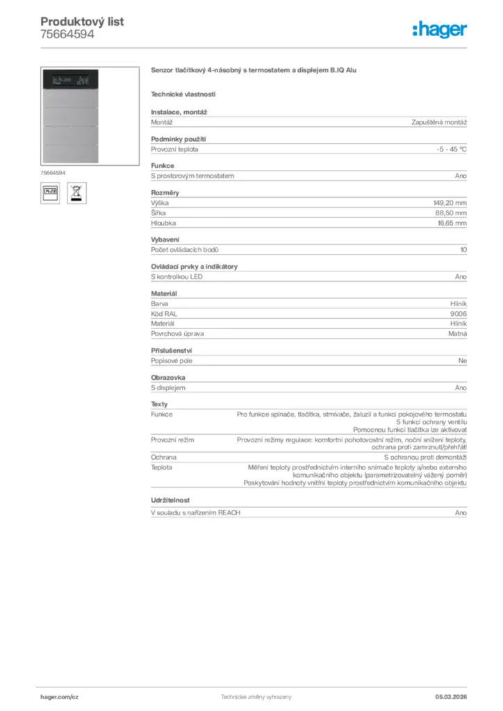 Obrázek Hager Product data sheet 75664594 | Hager