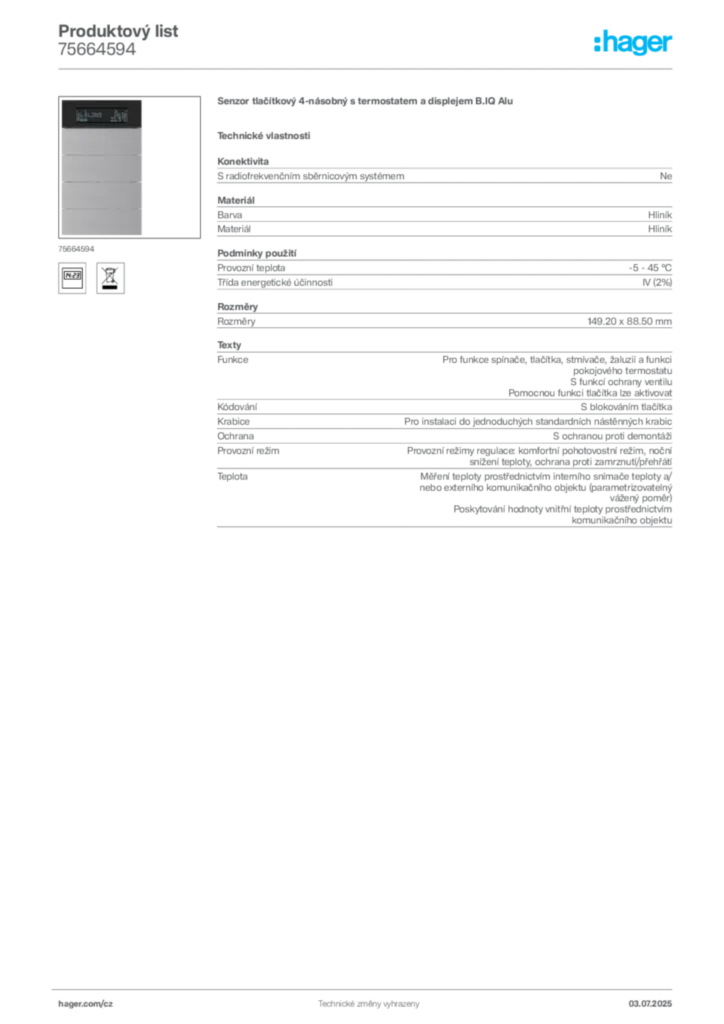 Obrázek Hager Produktový list 75664594 | Hager