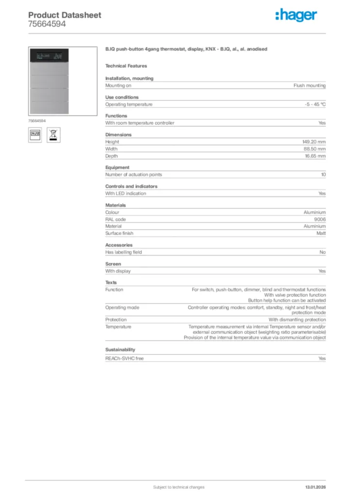 Image Hager Product data sheet 75664594  | Hager