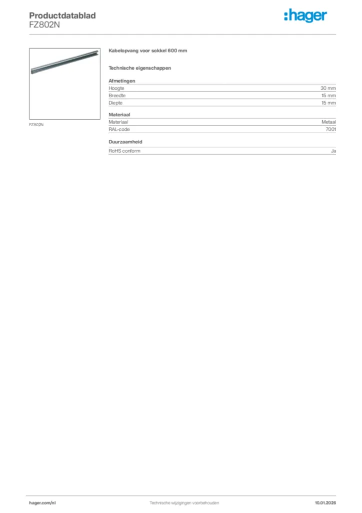 Afbeelding Hager Productdatablad FZ802N | Hager Nederland