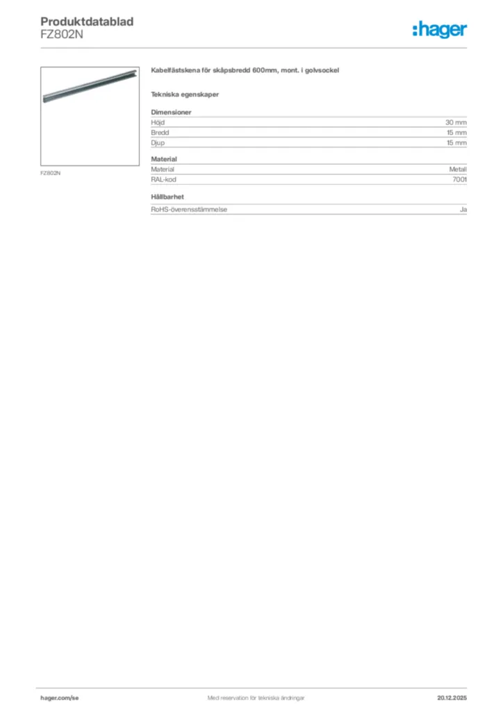Bild Hager Produktdatablad FZ802N | Hager Sverige