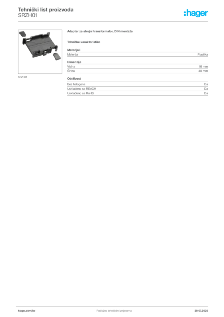 Slika Hager Product data sheet SRZH01  | Hager