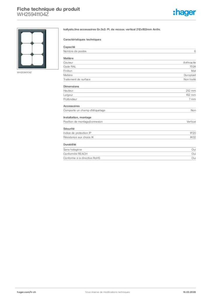 Image Hager Fiche technique du produit WH25941104Z | Hager Suisse