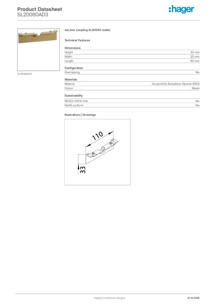 Image Hager Product data sheet SL20080AD3  | Hager Africa