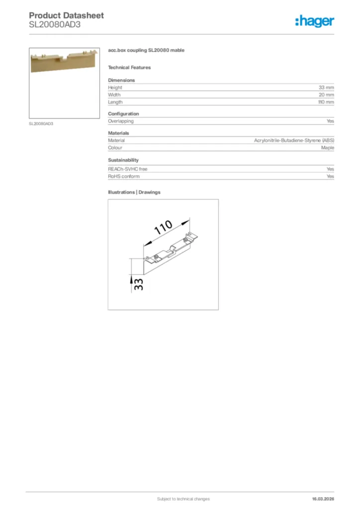 Image Hager Product data sheet SL20080AD3  | Hager Africa