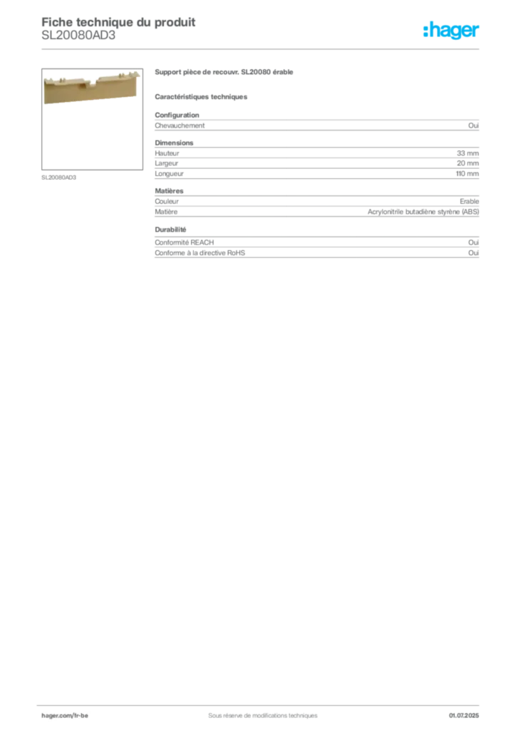 Image Hager Fiche technique du produit SL20080AD3 | Hager Belgique