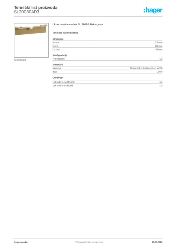 Slika Hager Product data sheet SL20080AD3  | Hager
