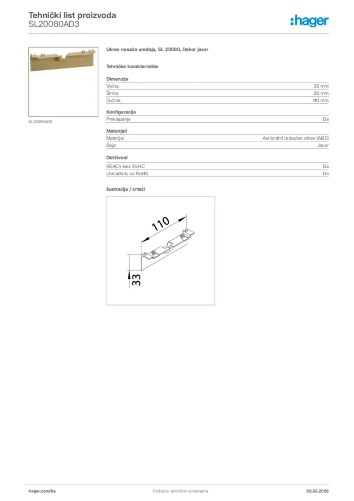 Slika Hager Tehnički list proizvoda SL20080AD3  | Hager