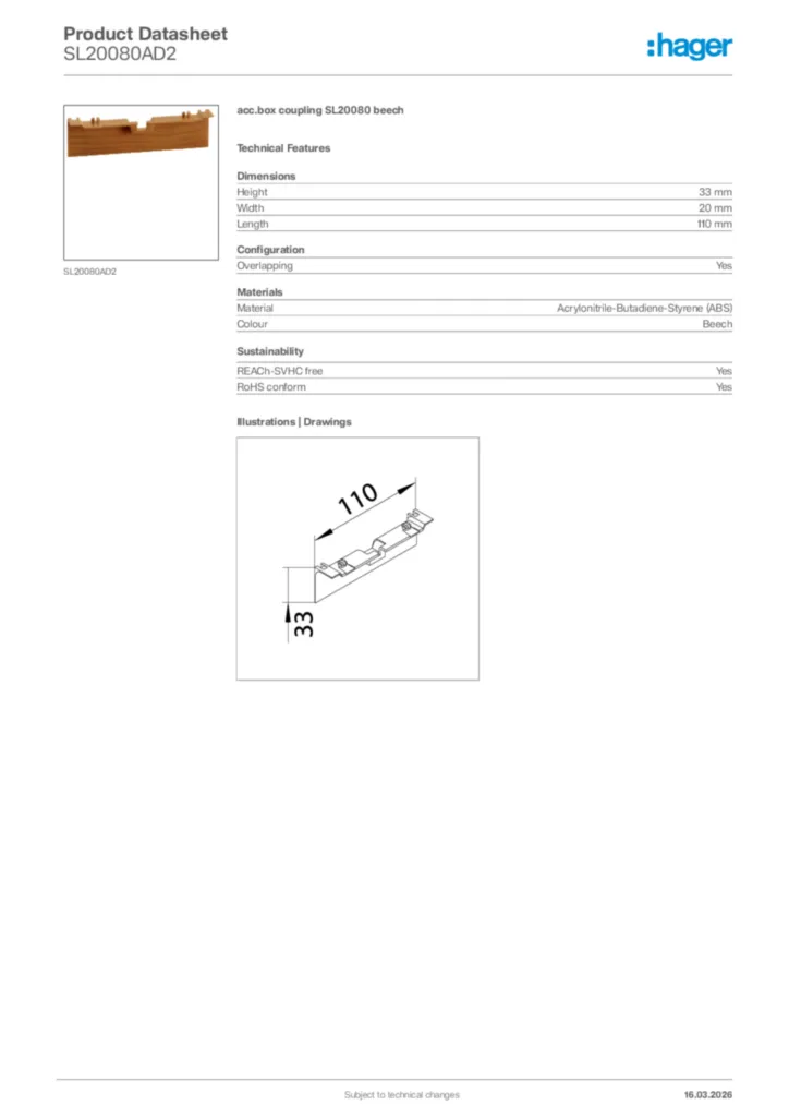Image Hager Product data sheet SL20080AD2  | Hager Africa