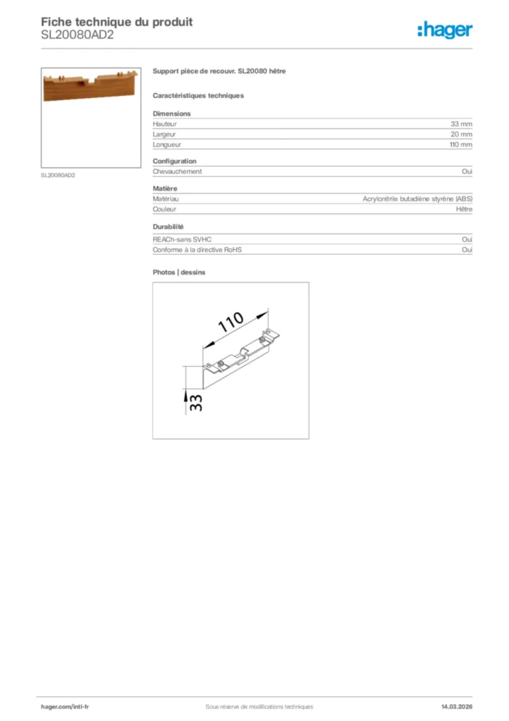 Image Hager Fiche technique du produit SL20080AD2 | Hager Afrique