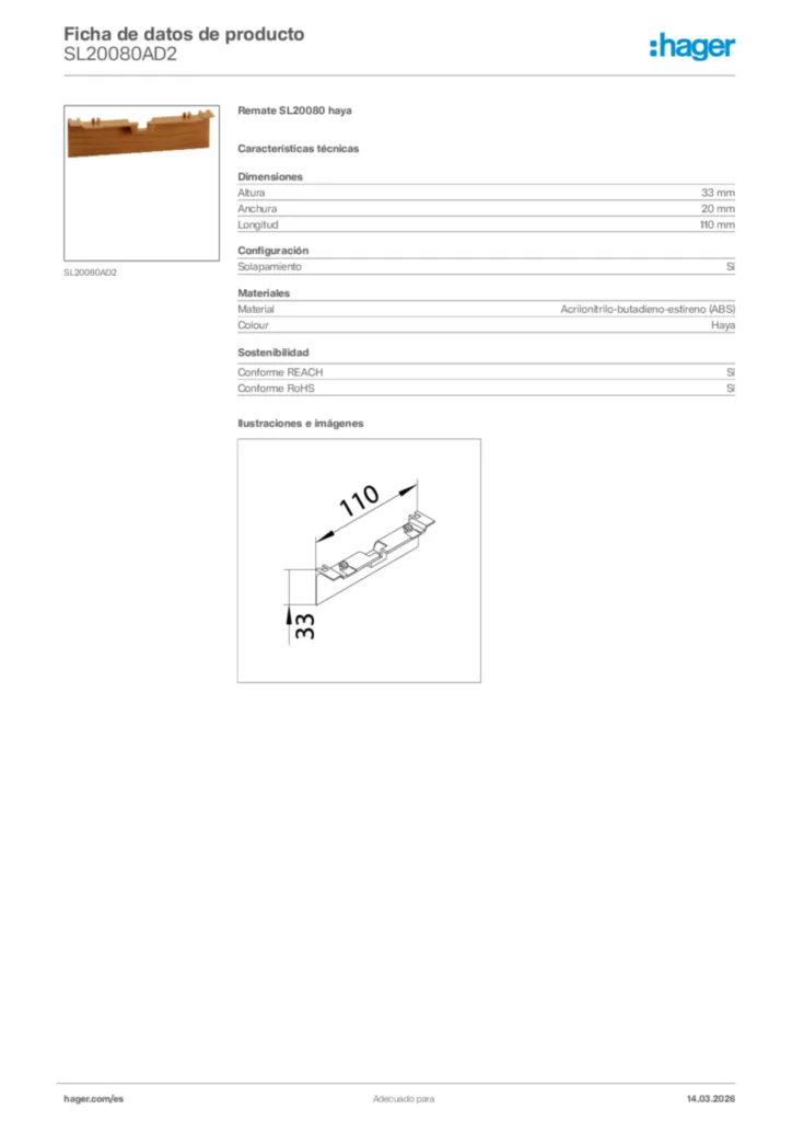 Imagen Hager Ficha de datos de producto SL20080AD2 | Hager España