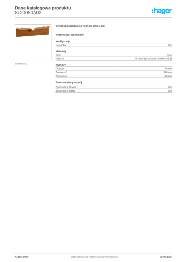 Zdjęcie Hager Dane katalogowe produktu SL20080AD2 | Hager Polska